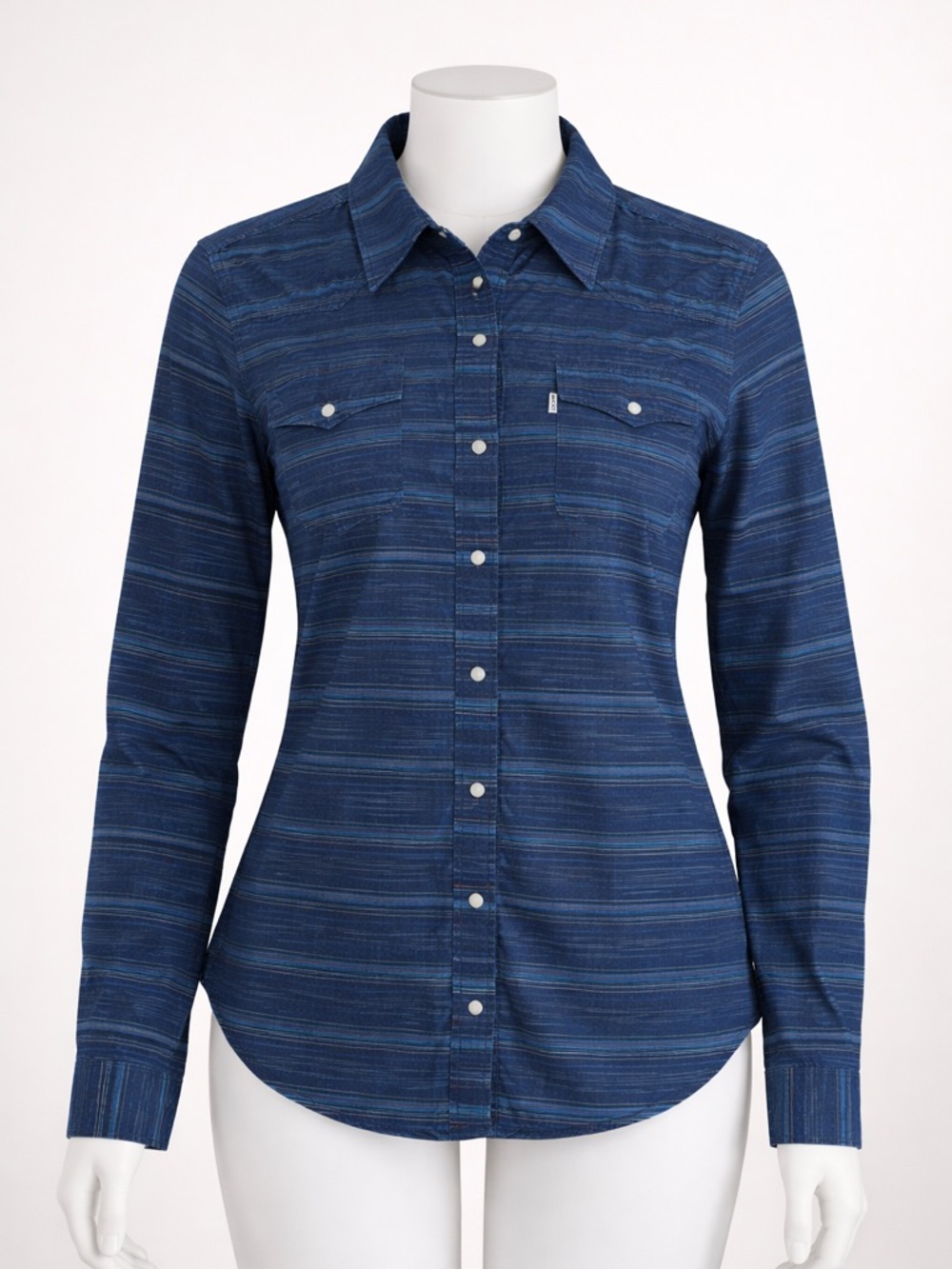 Levi's Navy Blue Striped Cotton Shirt Pearl Snap Western Cowgirl